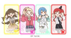  4girls :d black_necktie black_pantyhose black_shorts blonde_hair blue_eyes blue_hair blue_skirt brown_dress brown_hair cardigan character_logo collared_shirt column_lineup commentary_request cross-laced_clothes cross-laced_dress dress fishnet_pantyhose fishnets gradient_hair green_eyes green_necktie liella!_second_generation lilia_(love_live!) long_hair long_sleeves looking_at_viewer love_live! love_live!_superstar!! medium_hair miniskirt multicolored_hair multiple_girls necktie onitsuka_natsumi open_mouth orange_eyes pantyhose pastel_collage_(love_live!) pink_cardigan pink_eyes pink_hair plaid_clothes plaid_skirt pleated_skirt ponytail purple_skirt sakurakoji_kinako shirt shorts side_ponytail skirt sky_linker_(love_live!) smile song_name takata33 tekuteku_biyori two-tone_skirt two_side_up wakana_shiki white_dress white_shirt yoneme_mei 