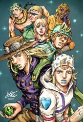  1girl 6+boys absurdres aqua_hair aqua_helmet aqua_sweater argyle_clothes argyle_sweater arm_warmers artist_name ball beanie beard belt black_hair blonde_hair blue_background blue_eyes blue_lips bow braid brown_belt brown_hat brown_pants buckle cape chest_tattoo closed_mouth coat commentary_request cowboy_hat dark-skinned_male dark_skin diego_brando facial_hair fingerless_gloves gloves goggles goggles_on_headwear green_cape green_coat green_eyes green_lips green_nails grin gyro_zeppeli hair_between_eyes hand_on_own_cheek hand_on_own_face hat hat_bow heart heart_ornament helmet high_collar highres holding holding_ball hood hood_down hoodie horseshoe_hat_ornament horseshoe_ornament johnny_joestar jojo_no_kimyou_na_bouken kaib0y long_hair long_sleeves looking_at_viewer lucy_steel makeup multicolored_hair multiple_boys mustache native_american native_american_clothes orange_hair orange_shirt pants parted_lips pocoloco purple_arm_warmers purple_gloves purple_shirt sandman_(sbr) shirt short_hair short_sleeves signature smile star_(symbol) star_print steel_ball_(jojo) steel_ball_run steven_steel sunglasses sweater tattoo teeth topless_male turtleneck turtleneck_sweater twin_braids twitter_username two-tone_hair white_hat white_hoodie wristband yellow_hat 