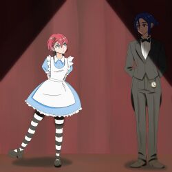  1boy 1girl alice's_adventures_in_wonderland alice_(alice_in_wonderland) alice_(alice_in_wonderland)_(cosplay) amate_yuzuriha apron aqua_eyes blue_dress blue_hair bow breasts colored_inner_hair cosplay curtains dress frills gundam gundam_gquuuuuux highres long_sleeves multicolored_hair ooooawa pants pocket_watch purple_hair red_eyes red_hair ribbon shirt short_hair short_sleeves shuji_ito spotlight stage stage_curtains stage_lights swimsuit two-tone_hair watch white_apron white_rabbit_(alice_in_wonderland) white_rabbit_(alice_in_wonderland)_(cosplay) white_shirt 