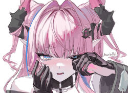  1girl absurdres arknights arknights:_endfield bare_shoulders black_gloves black_horns blue_eyes blue_streaks blush bright_pupils commentary_request crying dragon_girl dragon_horns gloves hair_horns hair_intakes hair_on_horn hair_ornament hairclip hands_up highres horns long_sleeves luobo2016 multicolored_gloves multicolored_hair multicolored_horns nose_blush open_mouth pink_gloves pink_hair pink_horns pointy_ears simple_background streaked_hair tears thick_eyebrows tsurime two-tone_gloves two-tone_horns upper_body white_background wiping_tears yvonne_(arknights) 