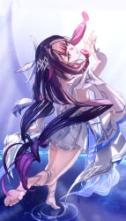  1girl absurdres arm_up barefoot black_hair bright_pupils columbina_(genshin_impact) commentary_request dress floating_hair from_behind full_body fusyo_fuka genshin_impact hair_ornament hair_ribbon highres long_hair multicolored_hair parted_lips purple_hair ribbon ripples soles solo standing standing_on_liquid standing_on_one_leg thigh_strap tiptoes very_long_hair violet_eyes water white_dress white_pupils white_ribbon wing_hair_ornament 