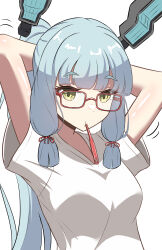  1girl absurdres arms_behind_head batta_no_tsukudani bespectacled blue_hair blunt_tresses commentary_request floating_headgear glasses hair_ribbon headgear highres kantai_collection murakumo_(kancolle) red-framed_eyewear ribbon shirt simple_background solo t-shirt tress_ribbon upper_body white_background white_shirt yellow_eyes 