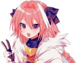  1boy astolfo_(fate) blush braid crossdressing fang fate_(series) gloves highres koyashaka long_hair long_sleeves looking_at_viewer male_focus multicolored_hair open_mouth pink_hair solo v very_long_hair white_background 