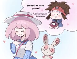  1boy 1girl @_@ bag blue_dress blue_jacket blush brown_hair closed_eyes commentary dress hat heart hetero highres jacket long_sleeves mole mole_under_eye nate_(pokemon) open_mouth pink_hair pokemon pokemon_(creature) pokemon_bw pokemon_bw2 r_1807 shirt shoulder_bag simple_background smile spanish_text speech_bubble spinda thought_bubble translation_request visor_cap white_hat white_shirt xtransceiver yancy_(pokemon) 