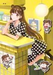  19_okeke animal_ears apron bangs black_dress blunt_bangs brown_eyes brown_hair commentary_request double_bun dress fake_animal_ears hair_bun hairband high_heels highres idolmaster idolmaster_shiny_colors long_hair looking_at_viewer one_eye_closed polka_dot polka_dot_dress puffy_short_sleeves puffy_sleeves restaurant short_sleeves short_twintails socks sonoda_chiyoko twintails waist_apron waitress white_legwear 