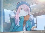  1girl beanie hat head_rest highres jacket kagamihara_nadeshiko lens_flare pink_hair smile solo through_window yasu_(pixiv) yurucamp 