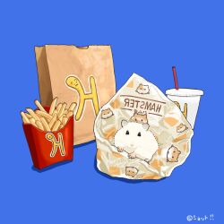  animal bag blue_background commentary_request cup disposable_cup drinking_straw fast_food food food_wrapper french_fries hamster logo no_humans original paper_bag simple_background upiupisyo 
