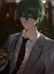  1boy closed_mouth cocacell collared_shirt commentary_request determined film_grain glasses green_eyes green_hair grey_jacket highres jacket korean_commentary lapel light_particles long_sleeves male_focus necktie notched_lapels open_clothes open_jacket otowa_rui_(saibou_shinkyoku) saibou_shinkyoku sanpaku shirt short_hair solo suit_jacket upper_body white_shirt 