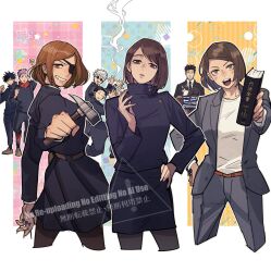  2_o_tori brown_eyes brown_hair claw_hammer commentary_request fushiguro_megumi gakuran gojou_satoru hammer highres higuruma_hiromi holding holding_hammer ieiri_shoko itadori_yuuji jujutsu_kaisen jujutsu_tech_uniform kugisaki_nobara multiple_boys multiple_girls school_uniform short_hair teacher_and_student 