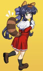  animal_ears blue_hair bow confused cosplay drawfag gloves green_eyes hair_bow highres kanon kawasumi_mai kemonomimi_mode kneehighs leaf leaf_on_head loafers long_hair mario ponytail raccoon_ears raccoon_mario raccoon_tail shoes skirt socks super_leaf super_leaf_(transformation) super_mario_bros. super_mario_bros._3 tail white_gloves yellow_background 