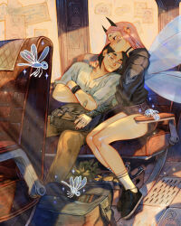  1boy 1girl arm_tattoo bag bandaid bandaid_on_arm bandaid_on_cheek bandaid_on_face black_choker black_hair black_horns black_jacket black_shoes brown_pants bug choker crate dragonfly earrings finger_tattoo ghost glasses highres horns jacket jar jewelry long_hair messenger_bag original pants pink_hair plant potted_plant shoes short_hair short_shorts shorts shoulder_bag side-by-side simz sitting sleeping sleeping_on_person sleeping_upright socks tattoo tattoo_sleeve vehicle_interior white_socks window_shadow wristband 