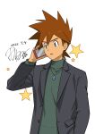  1boy black_jacket brown_hair buttons commentary_request dated gary_oak green_shirt hand_up highres holding holding_phone jacket jewelry long_sleeves male_focus necklace older one-hour_drawing_challenge open_clothes open_jacket phone pokemon pokemon_(anime) shirt short_hair signature solo spiky_hair star_(symbol) tamura_(kouititamura) upper_body white_background 