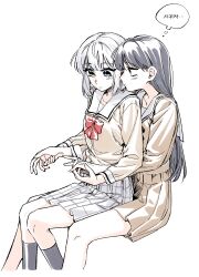  2girls absurdres bang_dream! bang_dream!_it's_mygo!!!!! black_hair black_socks blue_eyes blush brown_dress brown_shirt closed_mouth commentary_request dress hanasakigawa_school_uniform heterochromia highres holding_hands interlocked_fingers kaname_raana korean_commentary korean_text long_hair mole mole_under_eye multiple_girls neonfloyd plaid_clothes plaid_skirt pleated_skirt school_uniform shiina_taki shirt simple_background sitting sitting_on_lap sitting_on_person skirt socks speech_bubble thought_bubble translation_request white_background white_hair white_skirt yellow_eyes yuri 