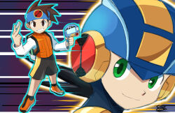  2boys battle_chip black_shorts blue_headband blue_helmet brothers brown_eyes brown_hair close-up commentary english_commentary green_eyes headband helmet holding lan_hikari_(mega_man) mega_man_(series) mega_man_battle_network_(series) megaman.exe multiple_boys netnavi orange_vest shirt short_hair shorts siblings staticblu twins vest white_shirt 