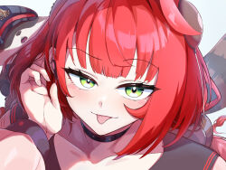  1girl :p adjusting_hair black_hat black_sailor_collar bright_pupils choker cocked_eyebrow commentary_request green_eyes hand_up hat highres kamanosuke_(zenless_zone_zero) long_hair looking_at_viewer open_mouth peaked_cap portrait raccoon_tail red_hair sailor_collar solo tail tanuki teeth tenx2_1341 tongue tongue_out ukinami_yuzuha white_pupils zenless_zone_zero 