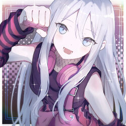  1girl :d aoi_eno arm_warmers black_shirt blue_eyes blush clenched_hand commentary_request dot_nose fishnet_top fishnets flame_print from_above grey_hair hair_between_eyes hand_up headphones headphones_around_neck highres lavie_(vocaloid) long_bangs long_hair long_sidelocks looking_at_viewer lower_teeth_only open_mouth overalls pink_overalls project_sekai shirt sidelocks single_paw_pose sleeveless sleeveless_shirt smile solo sparkle straight_hair striped_arm_warmers suspenders suspenders_slip teeth upper_body very_long_hair yoisaki_kanade 