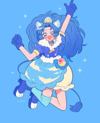  1girl :d absurdres animal_ears arm_up artist_name blue_boots blue_choker blue_dress blue_eyes blue_gloves blue_hair blue_theme blue_thighhighs boots choker commentary crown crown_earrings cure_gelato dress earrings extra_ears fang gloves gold_crown highres index_finger_raised jewelry jumping kiocotton kirakira_precure_a_la_mode legs_up lion_ears lion_tail long_hair looking_at_viewer magical_girl open_mouth pact_holder pointed_crown precure puffy_short_sleeves puffy_sleeves short_dress short_sleeves simple_background single_thighhigh skin_fang smile solo sparkle tail tategami_aoi thigh-highs yellow_crown 