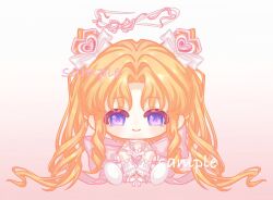  1girl absurdly_long_hair absurdres arm_bow arm_warmers back_bow bare_shoulders blonde_hair bow chibi chinese_commentary choker closed_mouth commentary_request commission cone_hair_bun double_bun dreamtime_bestowed_(infinity_nikki) dress frilled_arm_warmers frills gradient_background hair_bow hair_bun hair_ornament halo happy heart heart_hair_ornament highres infinity_nikki large_bow layered_dress light_blush long_hair medium_dress neck_ribbon nikki_(series) parted_bangs pink_background pink_bow pink_dress pink_ribbon qianlian21971 ribbon shirt simple_background sitting sleeveless sleeveless_dress smile solo spaghetti_strap straight-on strap_slip tareme twintails two-tone_background very_long_hair violet_eyes wavy_hair white_arm_warmers white_background white_bow white_choker white_dress white_halo white_shirt 