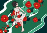  1girl alternate_costume bare_arms bare_shoulders black_hair blush boku_no_hero_academia breasts closed_mouth commentary dress english_commentary flower green_background imjayu long_hair looking_at_viewer ponytail red_flower smile solo standing white_dress white_footwear yaoyorozu_momo 