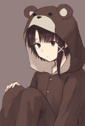  1girl animal_costume bear_costume brown_background brown_eyes brown_hair buttons closed_mouth commentary_request expressionless hair_ornament hand_on_own_knee hood hood_up iwakura_lain knees_up noriosk serial_experiments_lain short_hair simple_background single_sidelock sitting solo x_hair_ornament 