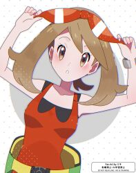  1girl :o absurdres bow brown_eyes brown_hair commentary_request eyelashes hair_bow highres looking_at_viewer may_(pokemon) open_mouth pokemon pokemon_oras red_bow red_shirt riki_(inushima_) shirt short_hair simple_background sleeveless sleeveless_shirt solo upper_body 