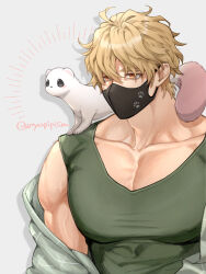  1boy adam's_apple animal_on_shoulder bags_under_eyes black_mask blonde_hair character_name commentary covered_pectorals ermine ferret green_tank_top highres jacket large_pectorals male_focus manly muscular muscular_male nu_carnival nyapipism off_shoulder orange_eyes paw_print pectoral_cleavage pectorals pink_tail plaid_clothes plaid_jacket quincy_(nu_carnival) short_hair simple_background sparkle tank_top taut_clothes topper_(nu_carnival) untranslatable_commentary upper_body veins veiny_arms weasel 