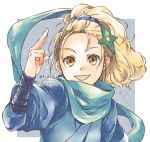  1girl blonde_hair brown_eyes final_fantasy final_fantasy_v hair_ornament index_finger_raised kidani_mami krile_mayer_baldesion long_hair looking_at_viewer ninja ninja_(final_fantasy) open_mouth ponytail scarf shuriken_hair_ornament smile solo 