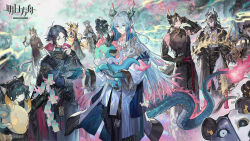  2girls 4others 6+boys animal_ears arknights bitey_(arknights) chinese_commentary chongyue_(arknights) colored_extremities commentary_request cowboy_shot creature doctor_(arknights) dragon_horns dragon_tail eastern_dragon_horns eastern_dragon_tail eye_drops highres holding horns hug ji_(arknights) leizi_(arknights) leizi_the_thunderbringer_(arknights) liu_qianqiu_(arknights) multiple_boys multiple_girls multiple_others official_art pointy_ears record_keeper_(arknights) starshadowmagician tail wang_(arknights) yi_(arknights) zuo_le_(arknights) 