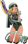  1girl angol_mois axe blonde_hair blush boots dark-skinned_female dark_skin full_body gloves gundam helmet holding holding_axe keroro_gunsou kneeling leotard looking_at_viewer mecha_musume medium_hair mobile_suit_gundam open_mouth red_eyes simple_background solo two-handed white_background yoshizaki_mine zaku_ii 