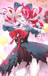  1girl ;d ahoge balloon black_bow black_dress blunt_ends bow chandelier chest_bow colored_skin colored_tongue commentary diamond-shaped_pupils diamond_(shape) double_bun dress earrings english_commentary fangs gradient_eyes green_eyes grey_hair grey_skin hair_bow hair_bun heart heart_balloon heart_hands highres hololive hololive_indonesia impaled indoors jewelry kureiji_ollie kureiji_ollie_(1st_costume) large_bow long_hair looking_at_viewer multicolored_eyes one_eye_closed patchwork_skin pink_hair puffy_short_sleeves puffy_sleeves purple_tongue r0_fo red_bow red_eyes red_hair short_sleeves smile solo stitched_arm stitched_face stitched_leg stitches sword symbol-shaped_pupils torn_clothes torn_dress virtual_youtuber weapon zombie 