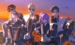  16personalities 1girl 3boys absurdres bird blonde_hair blunt_bangs brown_hair chinese_commentary closed_mouth collared_shirt commentary_request debater_(16personalities) echo_bushi_tian_gou elbow_rest entrepeneur_(16personalities) eyewear_on_head flower from_side full_body goggles goggles_on_head gradient_sky hair_between_eyes hair_slicked_back head_tilt high_ponytail highres jacket knee_up knees_up logician_(16personalities) long_sleeves looking_at_viewer looking_down multiple_boys myers-briggs_type_indicator no_eyewear off_shoulder on_ground open_clothes open_jacket outdoors pants parted_bangs ponytail purple_hair shaded_face shirt sitting sky sunflower sunglasses sunset too_many too_many_birds track_suit violet_eyes virtuoso_(16personalities) 