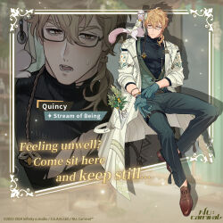  1boy adjusting_clothes adjusting_gloves animal animal_on_shoulder bags_under_eyes belt black_shirt blonde_hair blush bracelet brown_shoes character_name clothed_animal coat commentary copyright_name copyright_notice covered_abs covered_pectorals disposable_gloves doctor dress_shoes embarrassed english_commentary english_text ermine ferret full_body glasses glove_pull gloves green_gloves green_pants green_vest hair_between_eyes infinity_alpha_studio jewelry lab_coat large_pectorals long_coat looking_at_viewer looking_to_the_side male_focus medical_scrubs multiple_expressions multiple_rings muscular muscular_male nu_carnival official_alternate_costume official_art open_mouth orange_eyes pants pectoral_cleavage pectorals plant ponytail quincy_(nu_carnival) quincy_(stream_of_being)_(nu_carnival) ring rubber_gloves shirt shoes short_hair short_ponytail shy simple_background sitting sleeves_rolled_up stethoscope stethoscope_around_neck sweatdrop tachi-e tassel taut_clothes thigh_strap tight_clothes topper_(nu_carnival) transparent_background turtleneck turtleneck_shirt v-taper vest weasel white_coat zoom_layer 