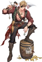  1boy abs animal animal_on_shoulder arm_tattoo bags_under_eyes barrel belt black_pants blonde_hair boots brown_boots chest_tattoo clothed_animal coin dagger earrings ermine eyepatch ferret full_body gem gold_coin gold_ring green_vest hair_between_eyes hat headband highres holding holding_sword holding_weapon infinity_alpha_studio jewelry knife large_pectorals male_focus multiple_belts muscular muscular_male necklace nipple_slip nipples nu_carnival official_alternate_costume official_art open_clothes open_shirt orange_eyes over_shoulder pants pectorals pendant pirate_costume pirate_hat quincy_(nu_carnival) quincy_(perilous_tidewatcher)_(nu_carnival) red_shirt ring shirt shoes short_hair shoulder_belt simple_background standing stepping_on_object sword tachi-e tattoo third-party_source topper_(nu_carnival) torn_clothes transparent_background veins veiny_arms vest wanted_poster weapon weapon_over_shoulder weasel yellow_gem 