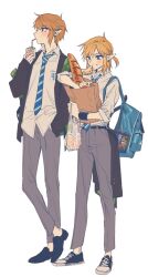  2boys backpack bag baguette bangoul black_shoes blonde_hair blue_eyes bread collared_shirt commentary_request diagonal-striped_clothes diagonal-striped_necktie drink_carton drinking_straw earrings food full_body grey_pants grocery_bag height_difference holding holding_bag jacket jewelry juice_box korean_commentary link male_focus multiple_boys necktie pants paper_bag plastic_bag pointy_ears shirt shirt_tucked_in shoes shopping_bag short_hair simple_background standing striped_clothes suit_jacket the_legend_of_zelda untucked_shirt white_background white_shirt white_shoes 