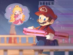  1boy 1girl blonde_hair blue_eyes blue_overalls box brown_hair brown_shoes closed_eyes crown dress earrings elbow_gloves facial_hair gift gift_box gloves hanaon hat hetero highres holding holding_box holding_gift jewelry long_hair mario mustache open_mouth outdoors overalls pink_dress princess_peach puffy_short_sleeves puffy_sleeves red_hat red_shirt running shirt shoes short_hair short_sleeves smile speech_bubble super_mario_bros. thought_bubble twintails white_gloves 