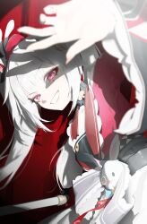  1girl 2bmm2 absurdres butterfly-shaped_pupils facial_mark hat heart heart_facial_mark highres honkai:_star_rail honkai_(series) japanese_clothes long_hair looking_at_viewer mini_hat mini_top_hat pink_eyes shade smirk solo sparkle_(honkai:_star_rail) sparxie_(honkai:_star_rail) spotlight symbol-shaped_pupils teeth top_hat twintails white_hair 