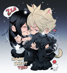  1boy 1girl 4k1030 animal_ears apron bandaid bandaid_on_arm bandaid_on_cheek bandaid_on_face bandaid_on_nose bare_shoulders black_apron black_hair black_pants black_shorts black_vest blonde_hair blue_eyes carrying cat_ears cat_tail character_name closed_eyes closed_mouth cloud_strife crop_top english_text final_fantasy final_fantasy_vii final_fantasy_vii:_advent_children full_body gradient_background heart highres kemonomimi_mode long_hair moogle night one_eye_closed pants princess_carry short_hair shorts sky sleeping smile spiky_hair spoken_zzz star_(sky) star_(symbol) starry_sky tail tifa_lockhart vest waist_apron zzz 