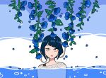  1girl bangs blue_background blue_eyes blue_flower blue_hair blunt_bangs boku_no_hero_academia commentary english_commentary flower imjayu jirou_kyouka looking_at_viewer partially_submerged short_hair solo water 