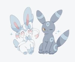  alternate_color black_eyes colored_sclera full_body gur1 highres no_humans one_eye_closed pink_eyes pokemon pokemon_(creature) pokemon_focus shiny_pokemon simple_background sitting smile sparkle sylveon umbreon white_background yellow_sclera 