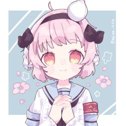  1girl armband black_hairband blue_background blue_sailor_collar border floral_background flower hair_flower hair_ornament hairband hands_up haneda_kagui highres interlocked_fingers magical_girl mahou_shoujo_ikusei_keikaku own_hands_together pink_hair red_armband sailor_collar short_hair smile snow_white_(mahoiku) solo teeth upper_teeth_only white_border white_flower yellow_eyes 