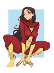  1girl absurdres all_fours black_eyes black_hair blue_background bodysuit boots border breasts commentary covered_navel full_body gloves hair_behind_ear highres impossible_bodysuit impossible_clothes jessica_drew large_breasts light_blush long_hair looking_to_the_side madogg marvel mask multicolored_bodysuit narrow_waist patreon_username red_bodysuit simple_background skin_tight spider-man_(series) spider-woman squatting tiptoes unworn_mask white_border yellow_boots yellow_gloves 