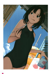  1girl absurdres black_eyes black_hair black_one-piece_swimsuit blue_sky border cup dutch_angle food from_below highres holding holding_cup holding_spoon ice_cream ice_cream_spoon one-piece_swimsuit one_side_up original page_number sky solo spoon swimsuit takamichi tongue white_border 
