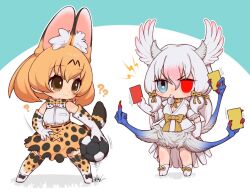  2girls animal_ears ball bird_girl bird_tail bird_wings blonde_hair blue_background blue_eyes bow bowtie cat_ears cat_girl cat_tail elbow_gloves extra_ears feathered_wings full_body gloves head_wings heterochromia japanese_clothes kemono_friends kemono_friends_3 kimono long_hair multiple_girls notora penalty_card red_eyes ribbon serval_(kemono_friends) shirt shoes short_hair simple_background skirt sleeveless sleeveless_shirt soccer_ball tail thigh-highs whistle white_hair wings yatagarasu_(kemono_friends) yellow_eyes 