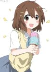  1girl :d absurdres artist_name bangs blue_ribbon blue_skirt brown_eyes brown_hair commentary_request cynical_(llcbluckg_c004) food hair_ornament hairclip highres hirasawa_yui holding holding_food ice_cream k-on! looking_at_viewer neck_ribbon notice_lines open_mouth ribbon sakuragaoka_high_school_uniform school_uniform shirt short_hair short_sleeves simple_background skirt smile solo sweater_vest twitter_username upper_body vest watermark white_background white_shirt yellow_sweater_vest 