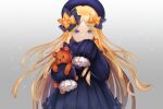  1girl abigail_williams_(fate) bangs black_bow black_dress blonde_hair blue_eyes blue_headwear bow dress fate/grand_order fate_(series) floating_hair gradient gradient_background grey_background hair_bow highres holding holding_stuffed_toy kuruwa_(kuroix96) long_hair long_sleeves looking_at_viewer multiple_hair_bows orange_bow parted_bangs polka_dot polka_dot_bow shiny shiny_hair sleeves_past_fingers sleeves_past_wrists solo standing stuffed_animal stuffed_toy teddy_bear very_long_hair 