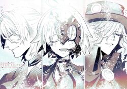  1girl 2boys ahoge antonio_salieri_(fate) antonio_salieri_(second_ascension)_(fate) ascot bucket_hat chain closed_eyes closed_mouth edmond_dantes_(fate) facing_ahead fading fate/grand_order fate_(series) hair_over_one_eye hat headpiece high_collar highres jeanne_d'arc_alter_(fate) light_blush multiple_boys nashimoto_tsumire necktie open_mouth overlighting parted_lips portrait pseudo-tokyo_school_uniform school_uniform short_hair smile wavy_hair 
