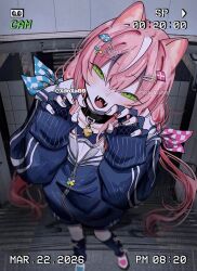  1girl alternate_costume animal_ears bell black_choker black_gloves black_leg_warmers blue_jacket blush cat_ears choker claw_pose commentary fangs fingerless_gloves foreshortening from_above full_body gloves green_eyes hair_ornament hairclip hands_up highres jacket jingle_bell leg_warmers long_hair looking_at_viewer multicolored_hair nijisanji nijisanji_kr open_mouth pink_hair pink_nails sleeves_past_wrists smile stairs standing streaked_hair tile_wall tiles twintails untranslatable_commentary very_long_hair virtual_youtuber xdoxa89 yang_nari 