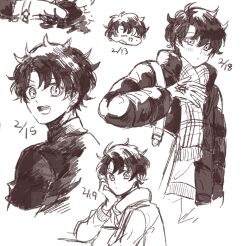  1boy chibi closed_mouth command_spell commentary cropped_shoulders cropped_torso dated expressionless fate/grand_order fate_(series) fujimaru_ritsuka_(male) fujimaru_ritsuka_(male)_(winter_casual) fur_trim head_only highres long_sleeves looking_at_viewer looking_back male_focus open_mouth shirt short_hair short_sleeves sketch smile yubunari 