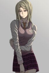  1girl akamatsu_kaede blonde_hair breasts brown_necktie closed_mouth collared_shirt commentary_request contrast_collar cowboy_shot crest danganronpa_(series) danganronpa_v3:_killing_harmony expressionless grey_background hair_ornament hairclip hand_on_own_hip highres large_breasts light_frown lips long_hair long_sleeves looking_at_viewer miniskirt musical_note musical_note_hair_ornament musical_note_print musical_staff necktie no_ahoge pleated_skirt print_skirt purple_skirt purple_vest shirt shiruko_(mikan4649) sidelocks simple_background skirt solo standing sweat sweater_vest v-neck vest violet_eyes white_shirt 