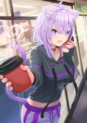  1girl ahoge animal_collar animal_ear_fluff animal_ears black_collar black_hoodie blush breasts cat_ears cat_girl cat_tail collar commentary_request cropped_hoodie cup disposable_coffee_cup disposable_cup food food_print grey_pants hair_between_eyes holding holding_cup hololive hood hood_down hoodie long_sleeves looking_at_viewer midriff navel nekomata_okayu nekomata_okayu_(1st_costume) onigiri onigiri_print open_mouth outdoors pants purple_hair shirt short_hair sleeves_past_wrists smile solo stomach tail violet_eyes virtual_youtuber yukimachiyuru 